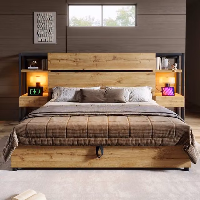 Letto matrimoniale 180x200 cm con contenitore e USB Type-C; struttura in MDF e metallo; rovere