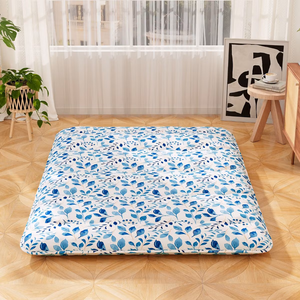 Materasso futon portatile Costway con copertura lavabile e sacca da trasporto, tappeto arrotolabile per pavimento, L/P: 140 x 200 cm, Blu chiaro