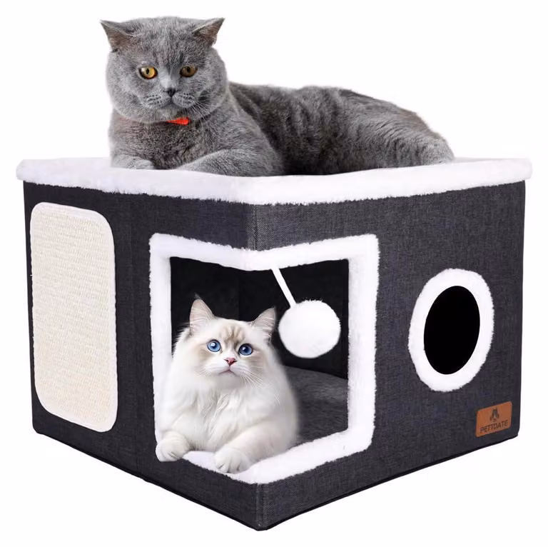 Cuccia pieghevole per gatti, a 2 piani, con tiragraffi e pallina giocattolo, colore grigio, dimensioni 41x41x32 cm
