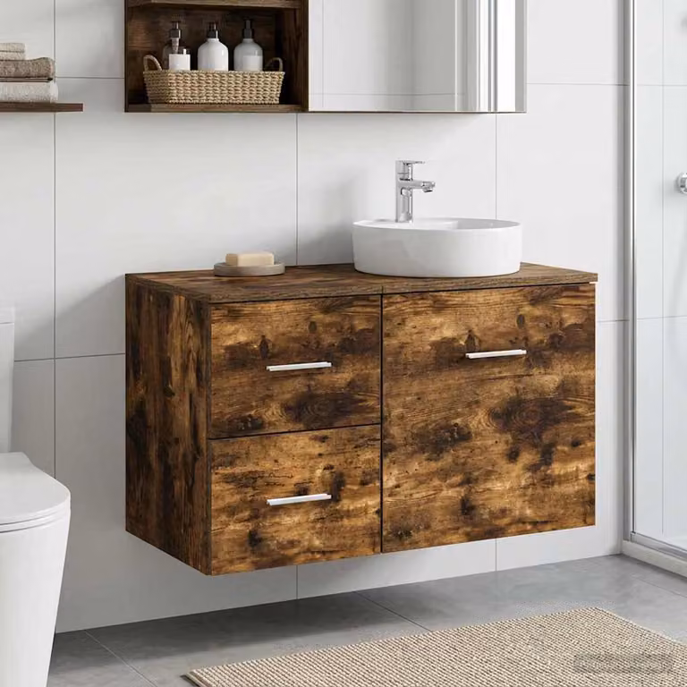 Armadio da bagno moderno vidaXL in legno Rovere Fumo con ante e cassetti, sospeso, L 30 cm x P 44,5 cm x H 50 cm