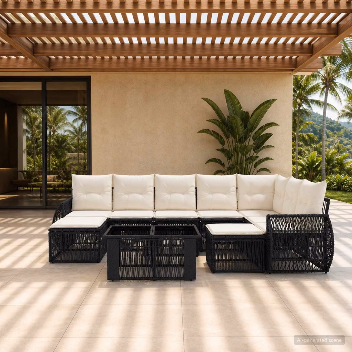 Set Divano da Giardino vidaXL 10 Pezzi in Polyrattan Nero e Bianco Crema con Cuscini e Tavolino da Esterno