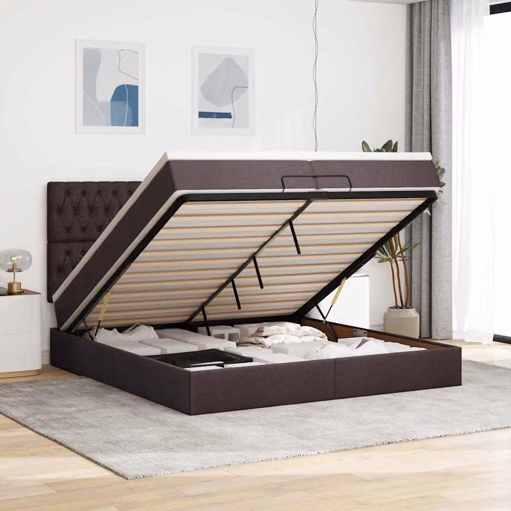 Letto con contenitore e materasso vidaXL in tessuto marrone e bianco, L: 200 cm, P: 200 cm, H: 128 cm