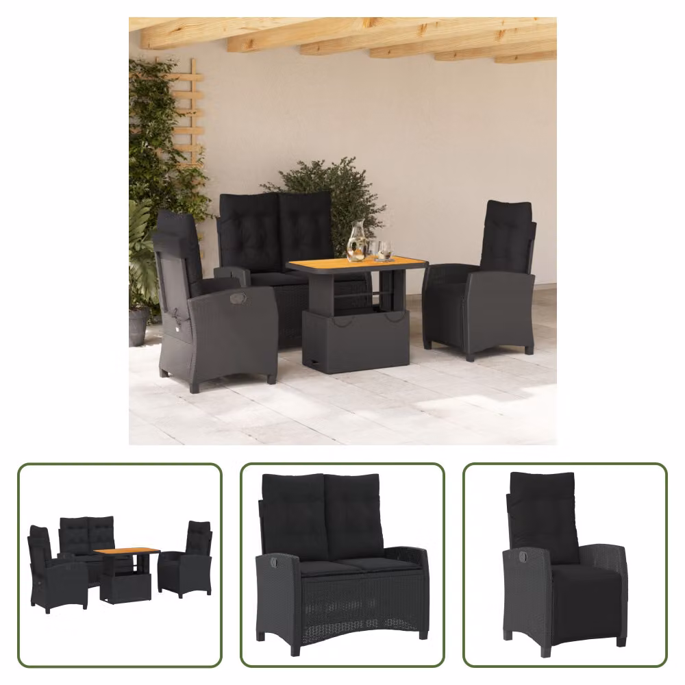 The Living Store Set da pranzo da giardino 4 pezzi con cuscini in poly rattan nero