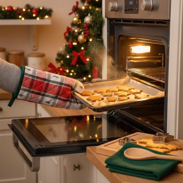 Set di guanto da forno, cucchiaio e strofinaccio Country House KASANOVA in cotone con motivo tartan alberi rosso, bianco e verde