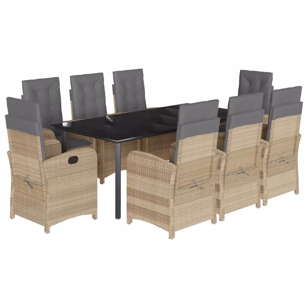 Set da pranzo da giardino vidaXL in polyrattan con tavolo in vetro e 9 pezzi, colori beige, nero e grigio – 2