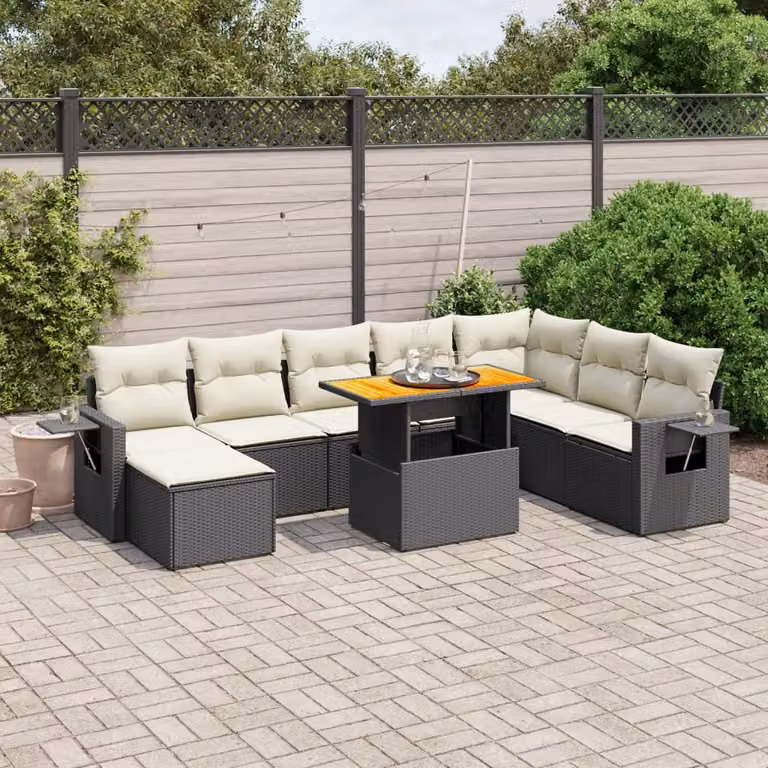 Set di divani da giardino vidaXL a forma di U composto da 9 pezzi con cuscini e tavolino da caffè nero