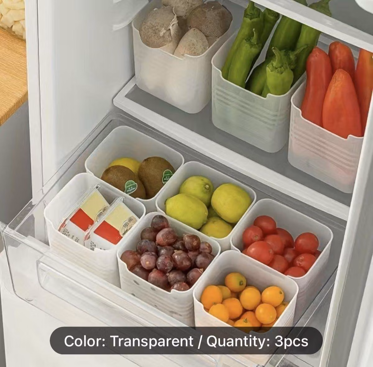 Organizzatore per il frigorifero - 3 pezzi - Vaschetta per la freschezza - Scomparto per le verdure o per la porta - Trasparente - Contenitore per la conservazione