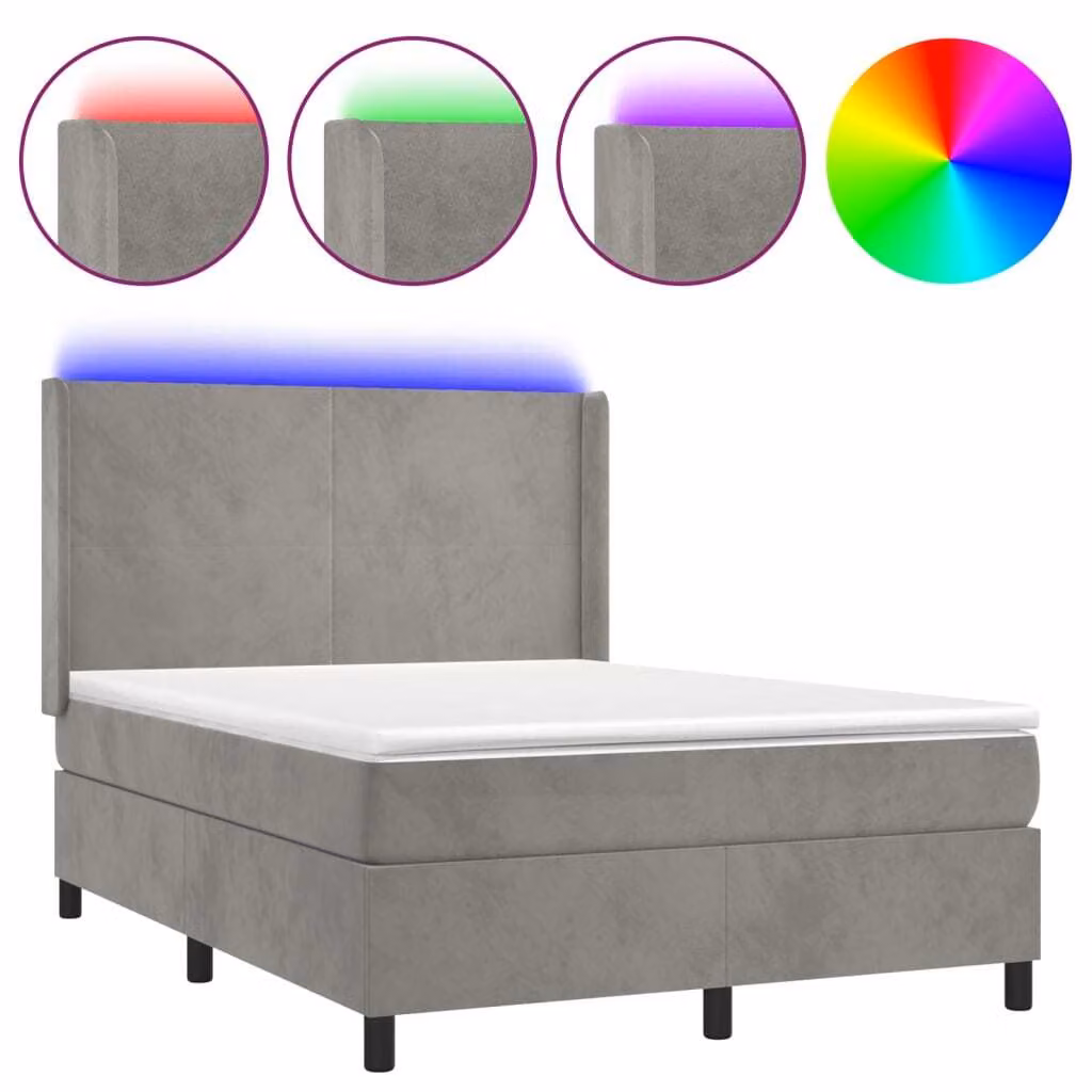 Letto a Molle Materasso e LED Grigio Chiaro 140x200 cm Velluto
