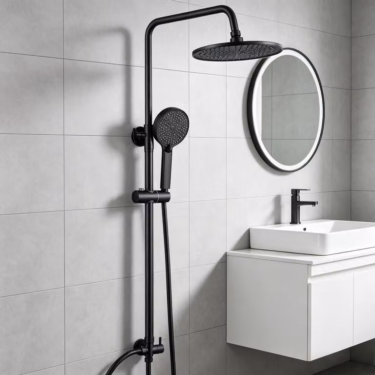 Kit completo per doccia, senza miscelatore, in acciaio inossidabile. Sistema doccia a soffitto, diametro 250 mm, con doccia superiore nera, regolabile in altezza