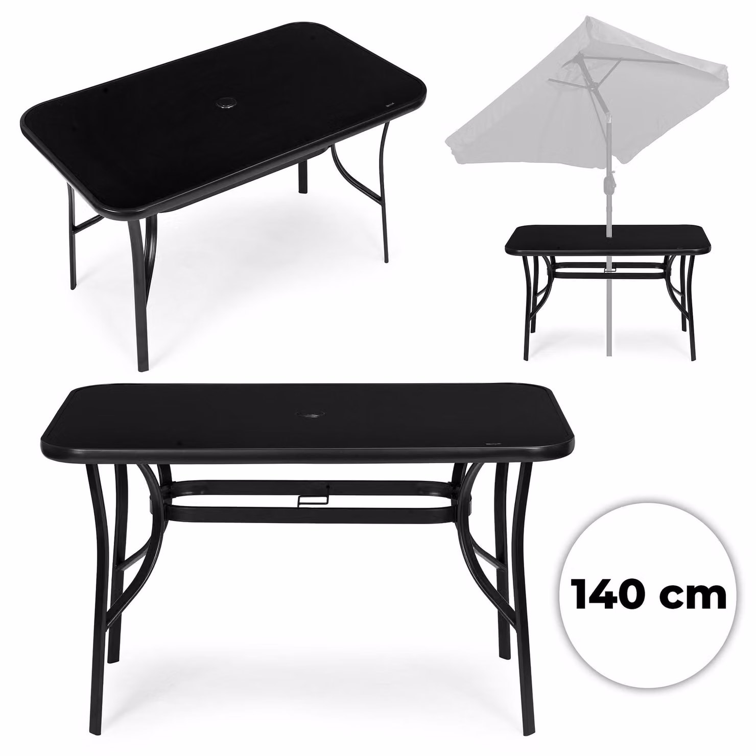 Tavolo da giardino 140x80 cm, piano in vetro temperato, foro per ombrellone, colore nero, marca MultiGarden
