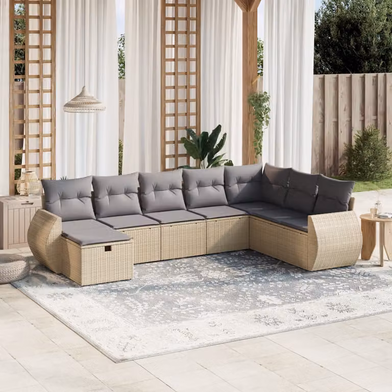vidaXL Set Divano da Giardino a L 8 pz con Cuscini Beige e Grigio in Polyrattan e Acciaio