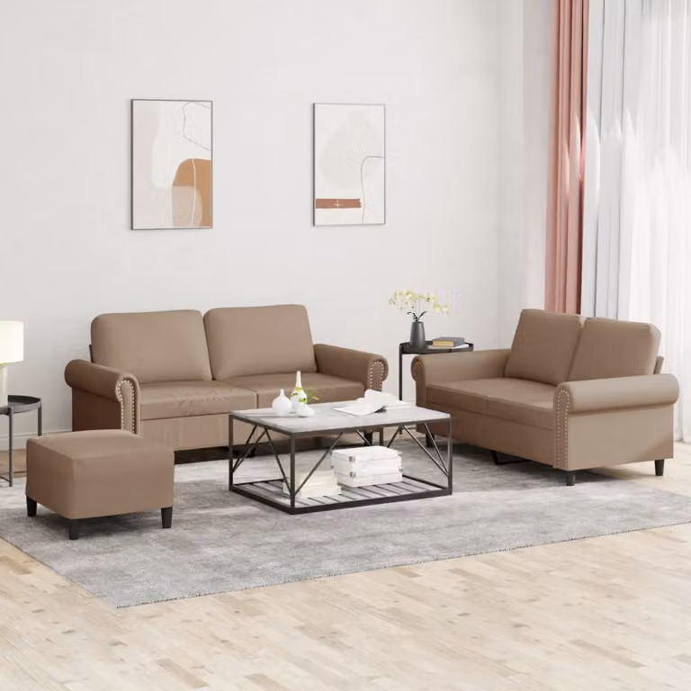 Set di 3 divani vidaXL in similpelle con cuscini beige e marrone per soggiorno in stile moderno