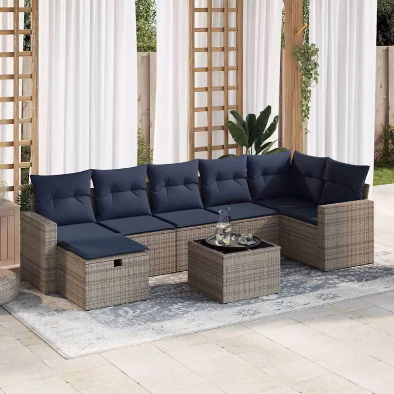 Set Divano da Giardino vidaXL 8 Pezzi in Polyrattan con Cuscini Grigio e Blu con Tavolino e Ottoman per Terrazza e Giardino