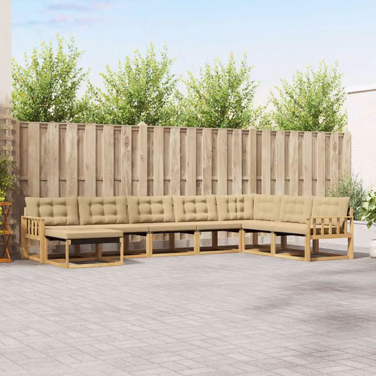 Set di divani da esterno vidaXL 8 pz in legno di acacia con cuscini bianchi e beige