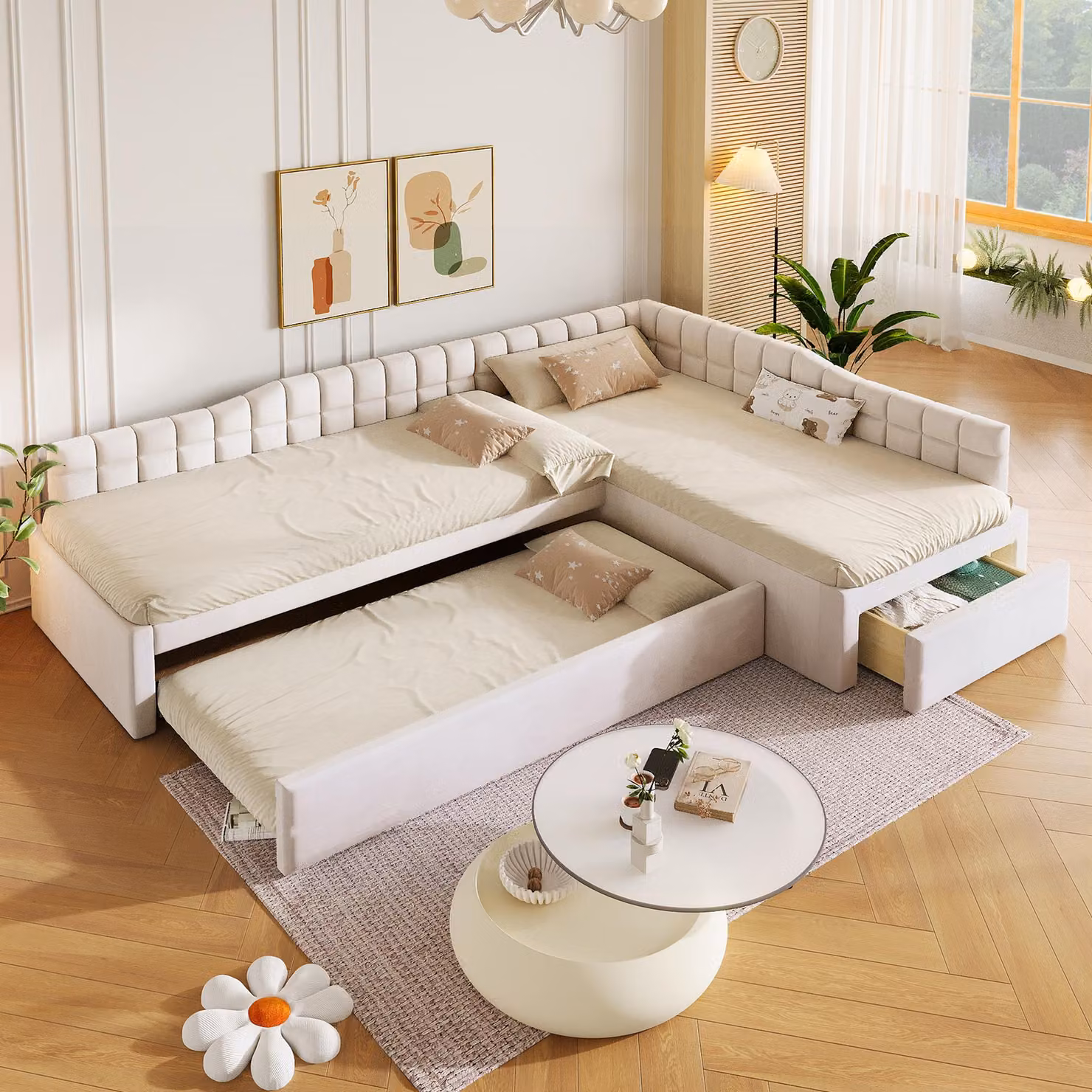 Letto imbottito a forma di L, 90x200 cm, con rete a scomparsa, cassetti, rivestimento in velluto, morbido (beige)