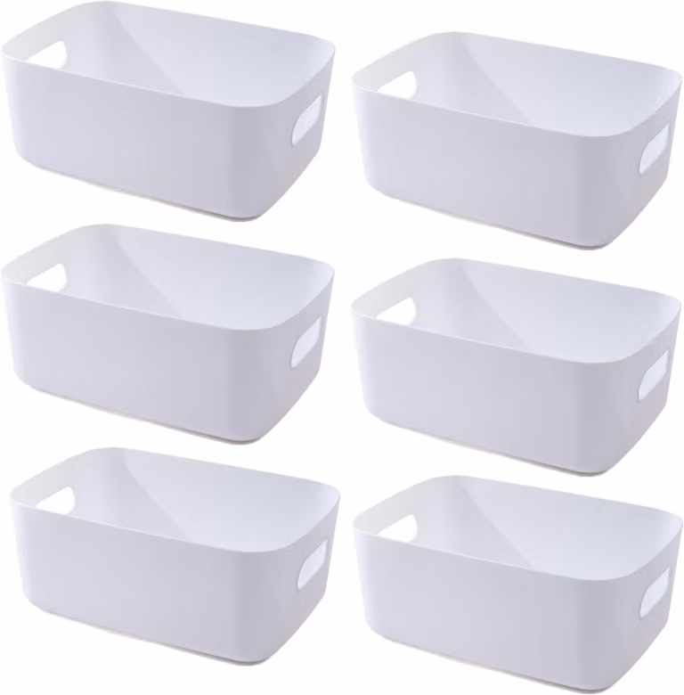 Contenitori portaoggetti con maniglie, set da 7 pezzi, colore bianco, dimensioni 30x20x12 cm, ideali per l'ufficio