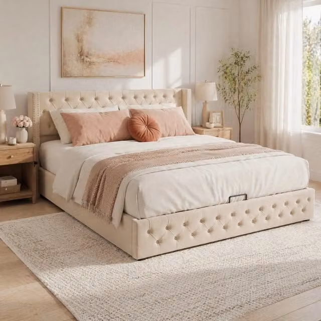 Letto Imbottito con Contenitore Chesterfield REDOM in Velluto Beige L/P: 160 x 200 cm