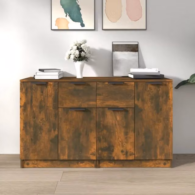 Set di 2 credenze vidaXL in legno multistrato color rovere fumo, design minimalista, L: 60 cm, P: 30 cm, H: 70 cm