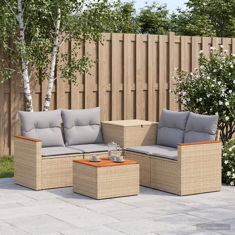 Set di divani da giardino vidaXL in polyrattan beige e grigio con tavolo da caffè e cuscini inclusi