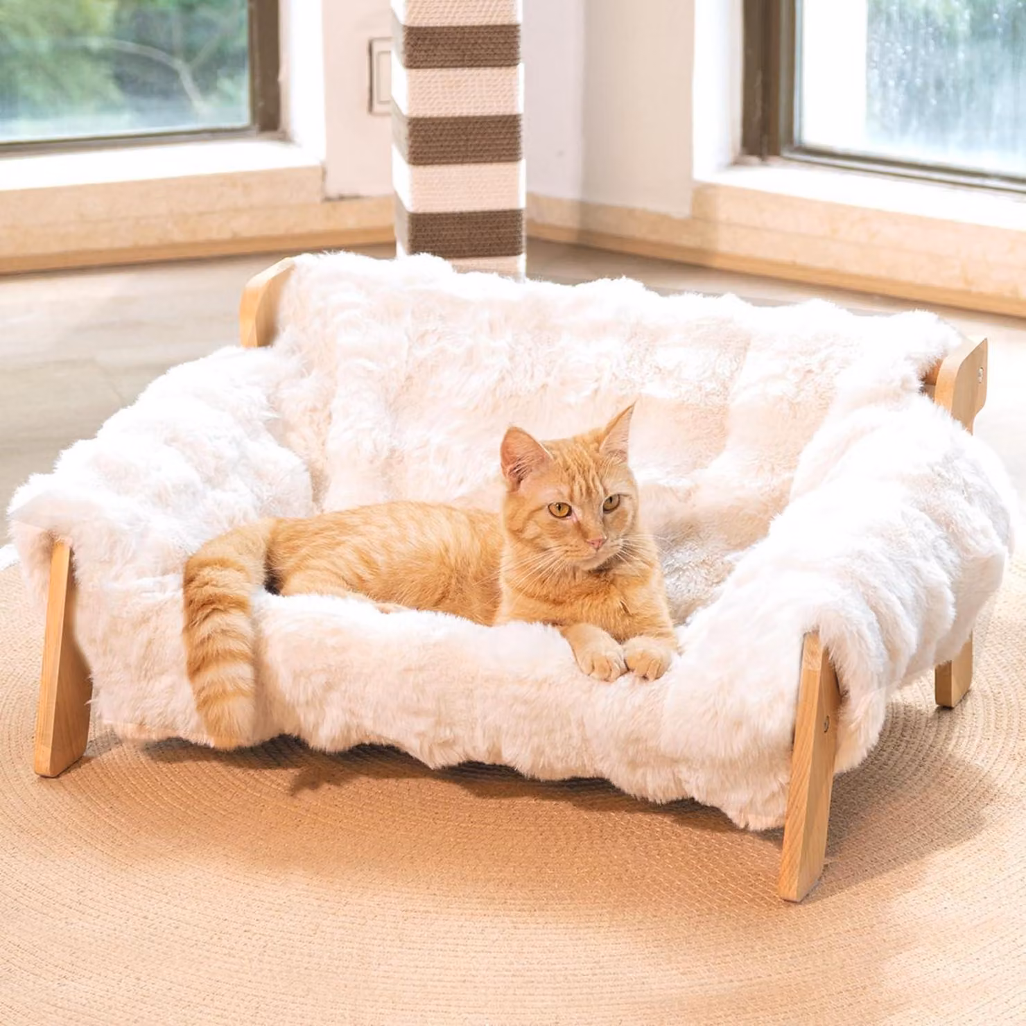 Cuccia per gatti in legno di faggio, grande divano per gatti, resistente fino a 18 kg, colore bianco