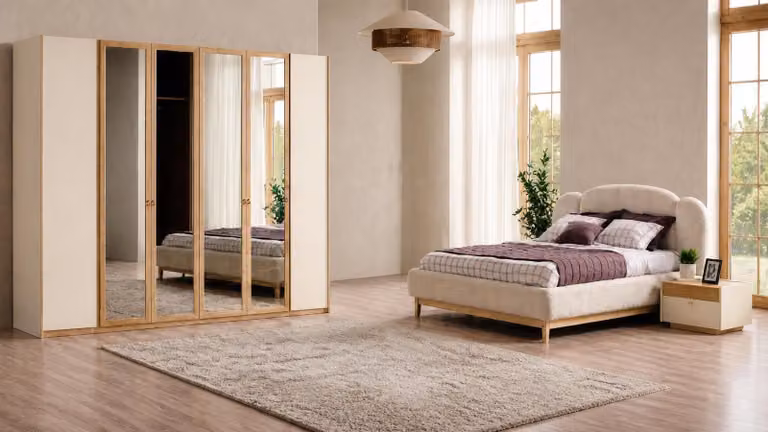 Set da camera da letto in stile scandinavo con letto, armadio e 2 comodini