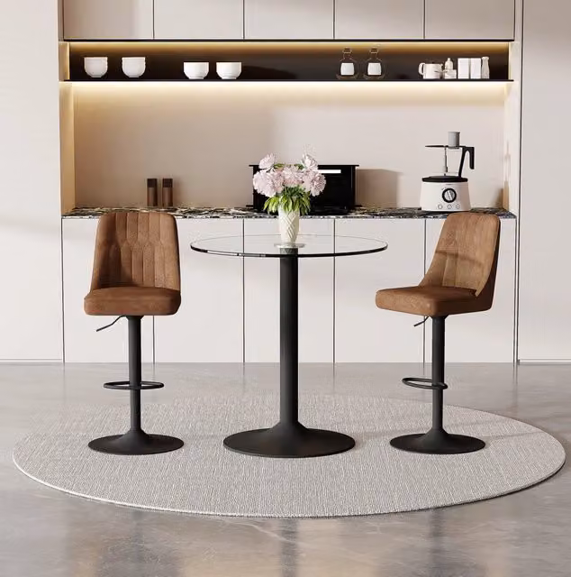 Set bar con tavolo in vetro e 2 sgabelli girevoli