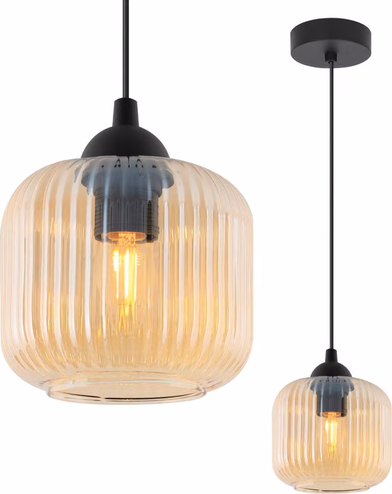 Lampada a sospensione RIFFLE nera a 1 luce, cilindro in vetro color ambra, attacco E27