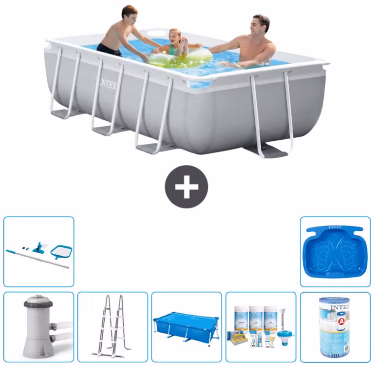 Piscina Intex rettangolare con struttura a prisma - 300 x 175 x 80 cm - grigia - compresa pompa - scaletta tenda da sole - pacchetto manutenzione - filtro - kit pulizia - pediluvio