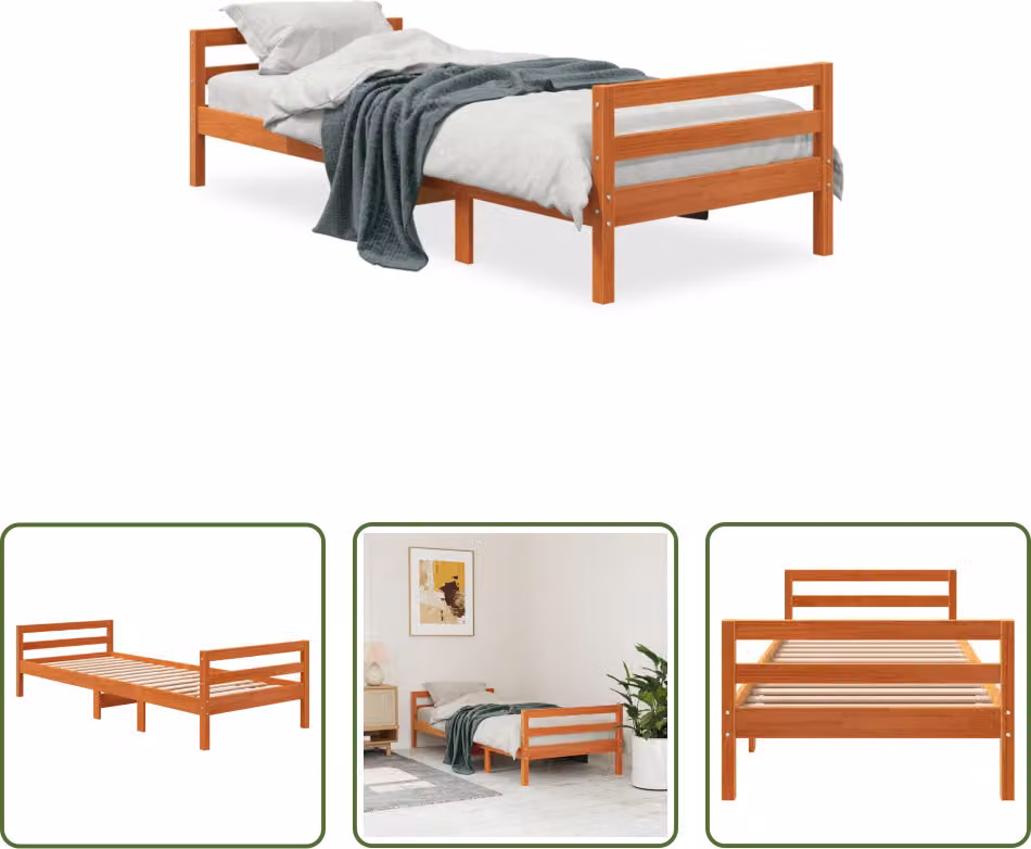 The Living Store letto in legno massiccio senza materasso cera marrone 90x200 legno di pino