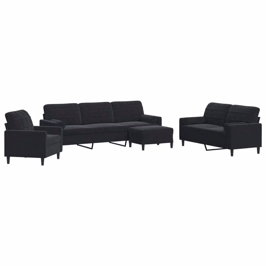 Set di Divani 4 pz con Cuscini e Rinforzi Nero in Velluto
