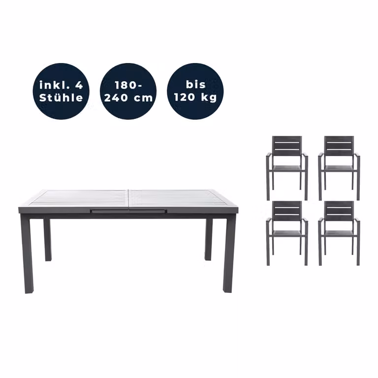 Home Deluxe - Tavolo da giardino allungabile - CALIDO - ca. 180 (240) x 97,5 x 76,5 cm - incl. 4 sedie, struttura in alluminio, piano in vetro - incl. accessori I Set da giardino tavolo allungabile per balcone