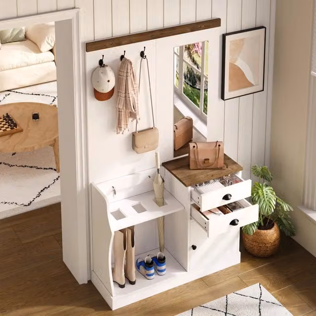 Mobile da ingresso con specchio, 2 cassetti, anta, ganci e portaombrelli, per corridoio, bianco, 110,5 × 38 × 191 cm