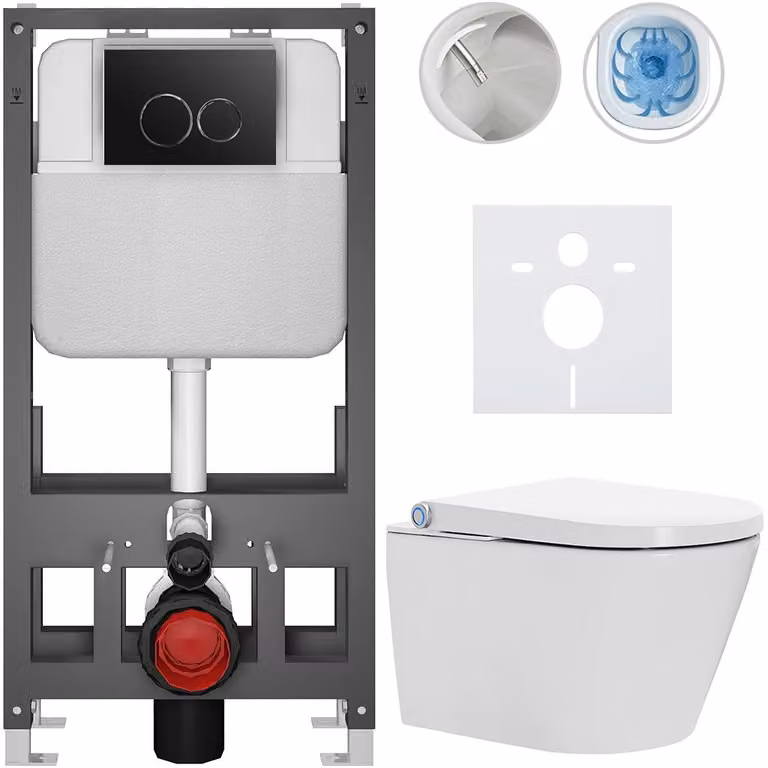 WC sospeso con bidet Cronus Standard - bianco lucido - pulsante Prime/Dualo, nero - freestanding - installazione a parete/con pannelli di cartongesso - 59,3x38,4 cm