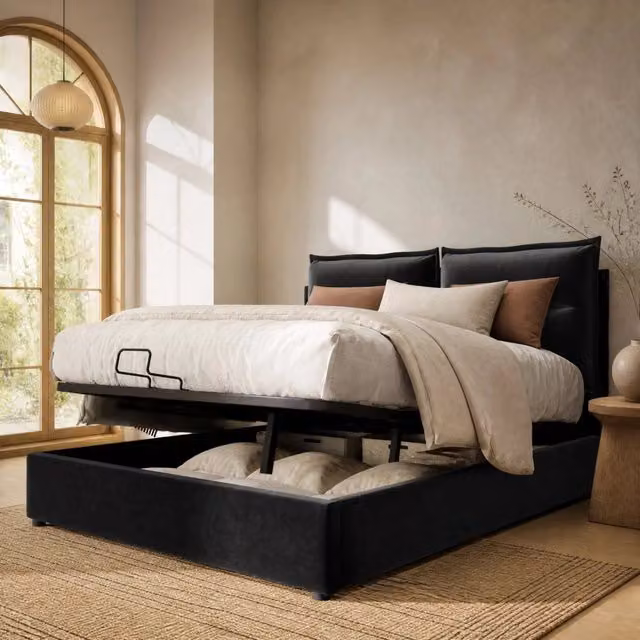 Letto contenitore 140x200 cm nero in velluto con testiera regolabile, senza materasso