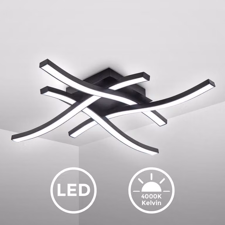 B.K.Licht Plafoniera LED, luce bianca neutra 4000K, LED integrati 20W 2.000Lm, dimensione 42,5x42,5x7cm, lampada da soffitto per salotto o cucina, lampadario in metallo nero 230V IP20