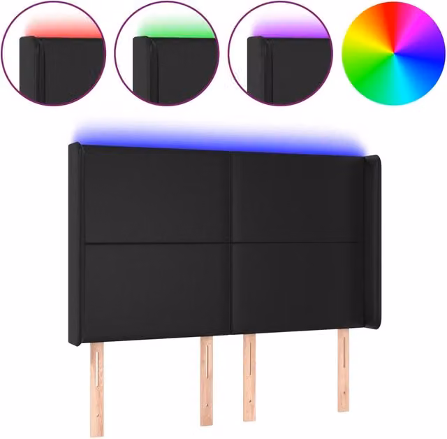 Testata del letto con illuminazione LED e porta di ricarica USB in similpelle nera, L: 147 cm, P: 16 cm, H: 118/128 cm