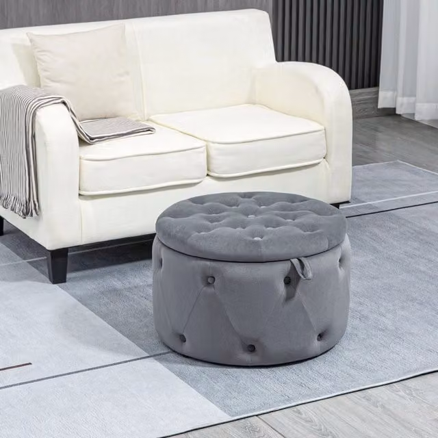 Pouf contenitore rotondo WISHDOR in velluto grigio, design cilindrico vintage, Ø60 x 40 cm