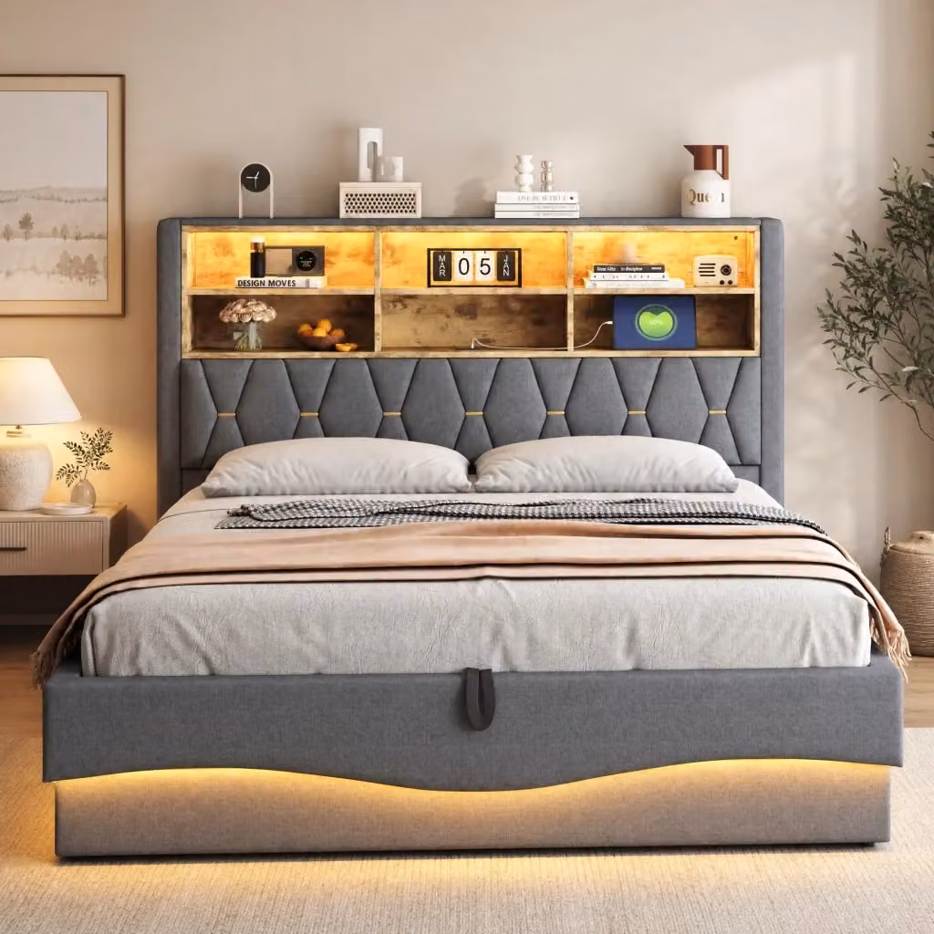 Letto REDOM con contenitore idraulico, illuminazione LED e porta USB, Grigio, L: 180 cm, P: 200 cm, H: 131 cm – 2