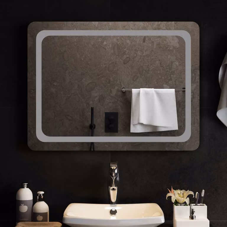 Specchio da bagno moderno vidaXL con illuminazione LED in vetro temperato, L: 80 cm, H: 60 cm, colore trasparente/grigio