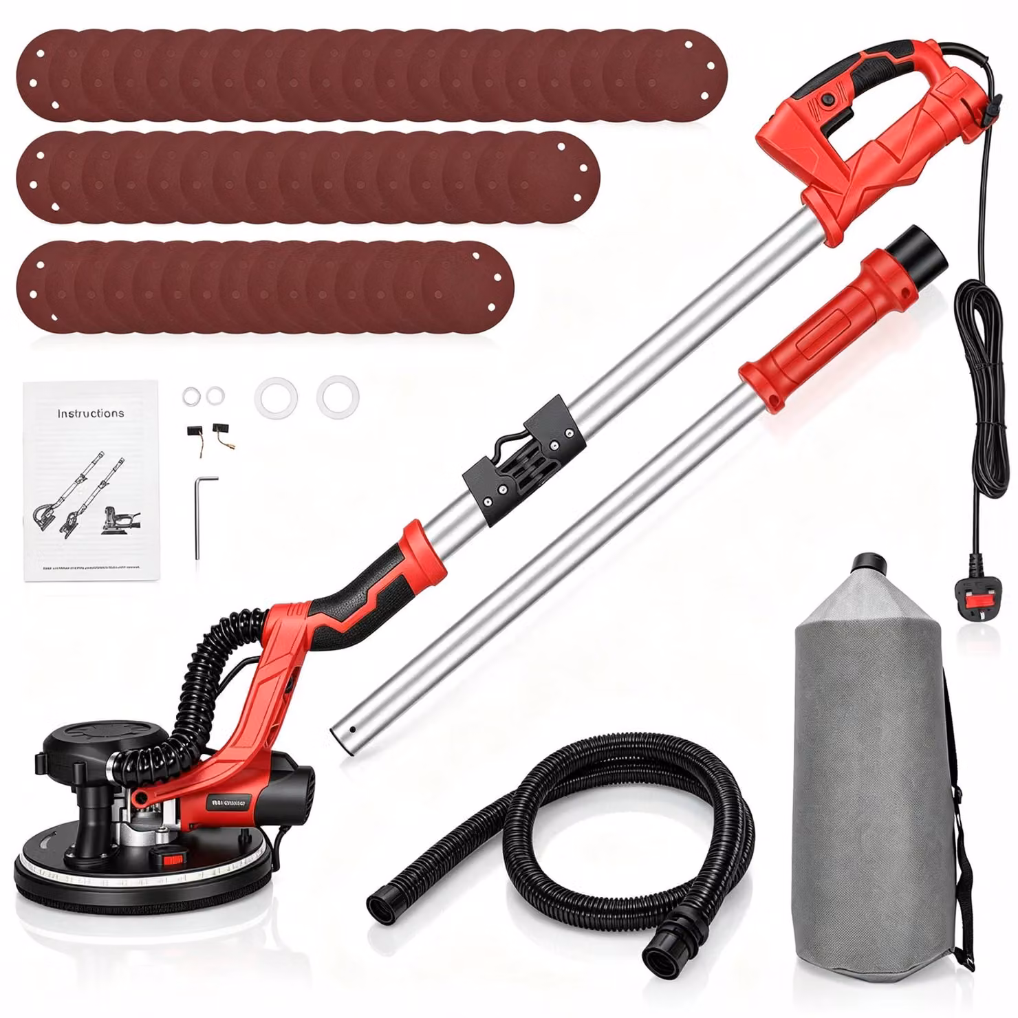 Levigatrice per cartongesso elettrica - 1550 W - 5 velocità - 950–2100 giri/min - Pieghevole - Manico telescopico - Colore: rosso