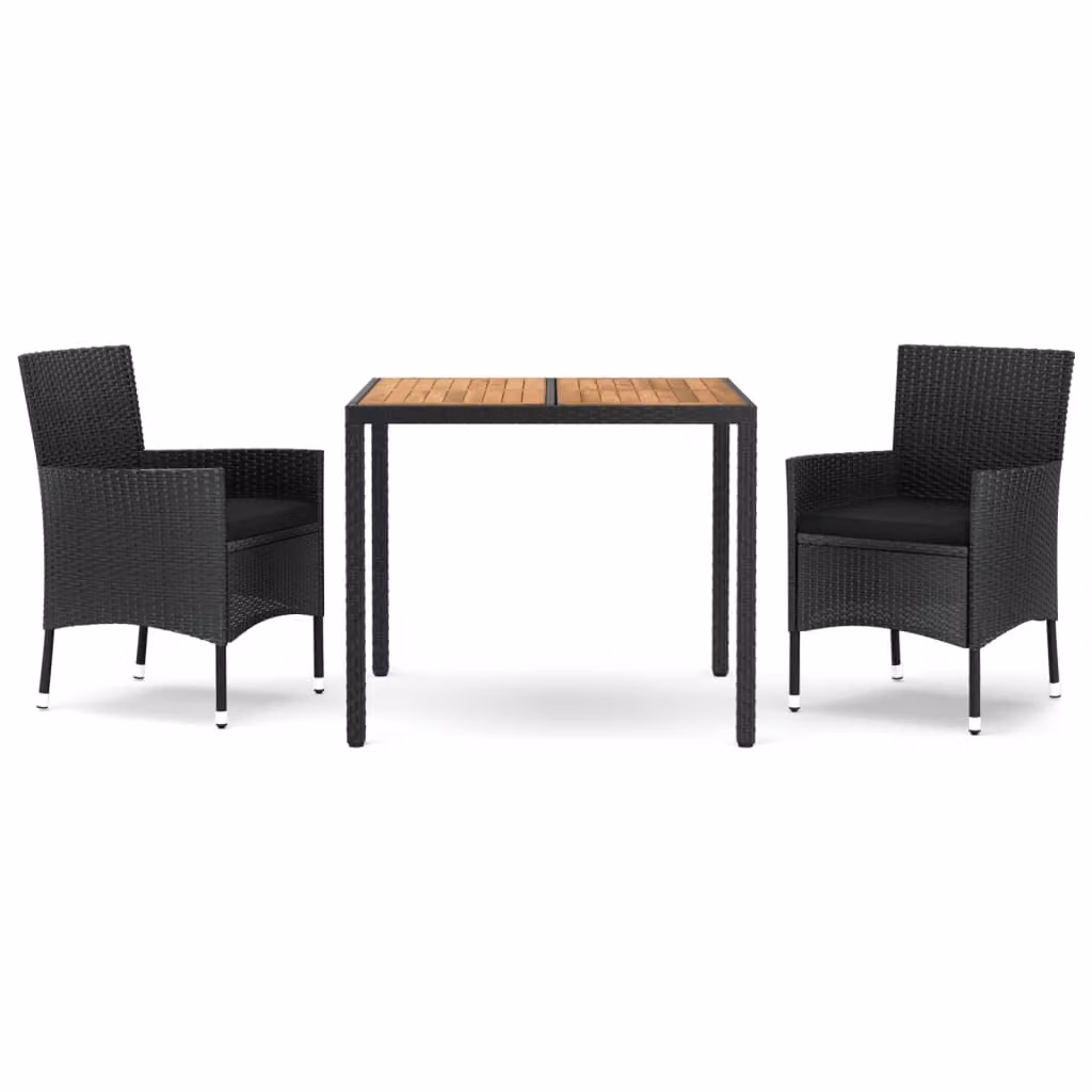 set da pranzo da giardino 3 pezzi con cuscini in poly rattan nero