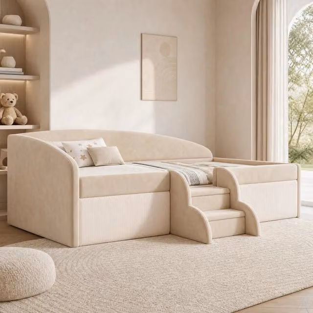Letto singolo Mivray imbottito in velluto beige con sponde laterali, gradini e schienale curvo, dimensioni 90 x 190 cm
