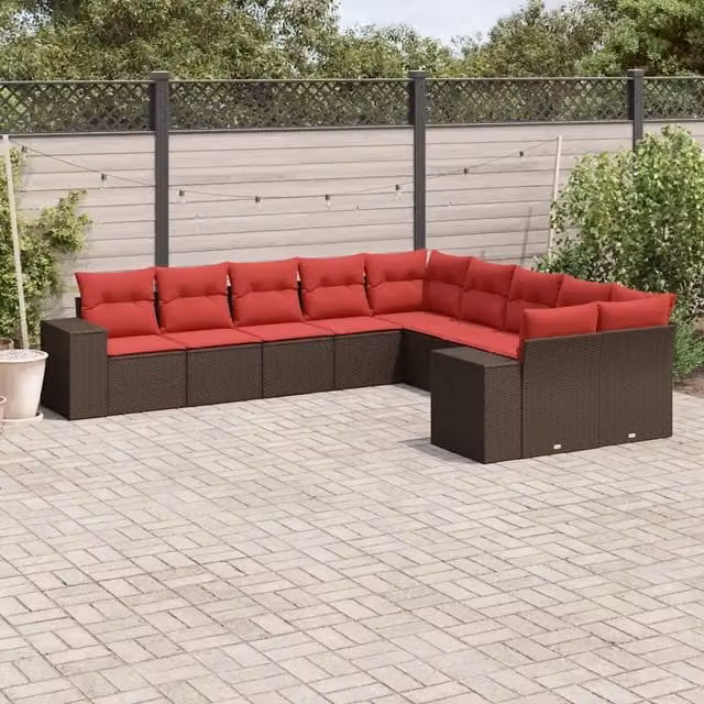 Set Divani da Giardino 10 pz con Cuscini Marrone in Polyrattan 3223113
