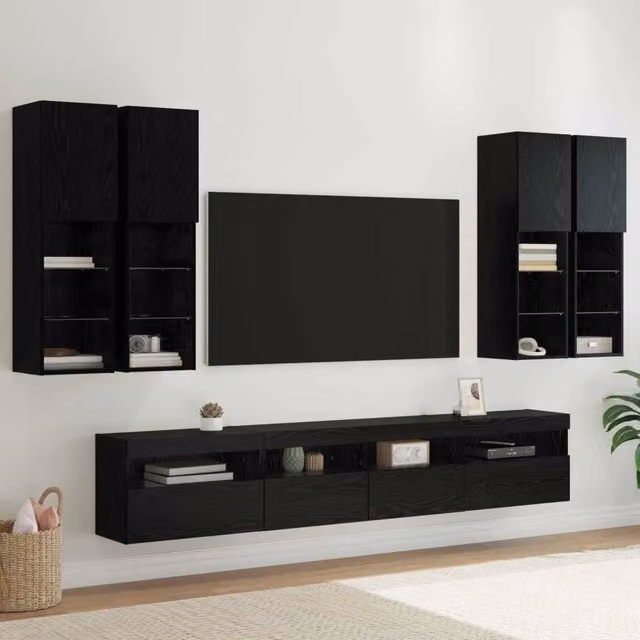 Set Mobile TV a Muro con Luci LED 7 pz Rovere Nero 3402796