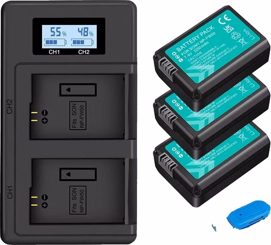 Batteria, capacità 2250mAh, compatibile con fotocamere digitali, 3 batterie e caricatore