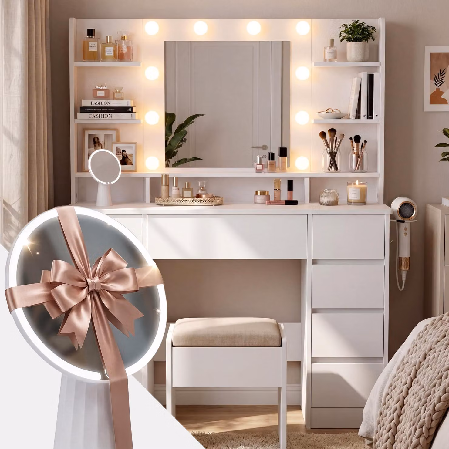Comò da trucco elegante con specchio, colore bianco