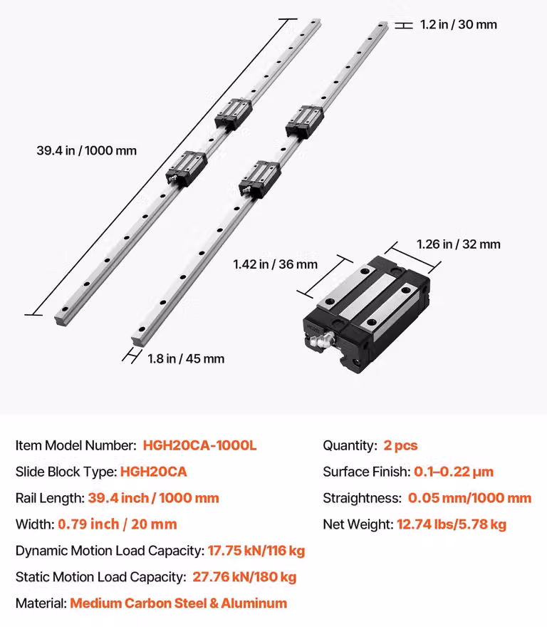 Set di guide lineari, materiale resistente, funzionamento fluido, 2 pezzi da 1000 mm