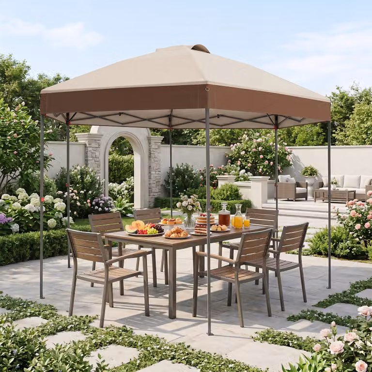 Gazebo da giardino pieghevole Costway con altezza regolabile, picchetti e corde, Marrone, 360 x 360 cm