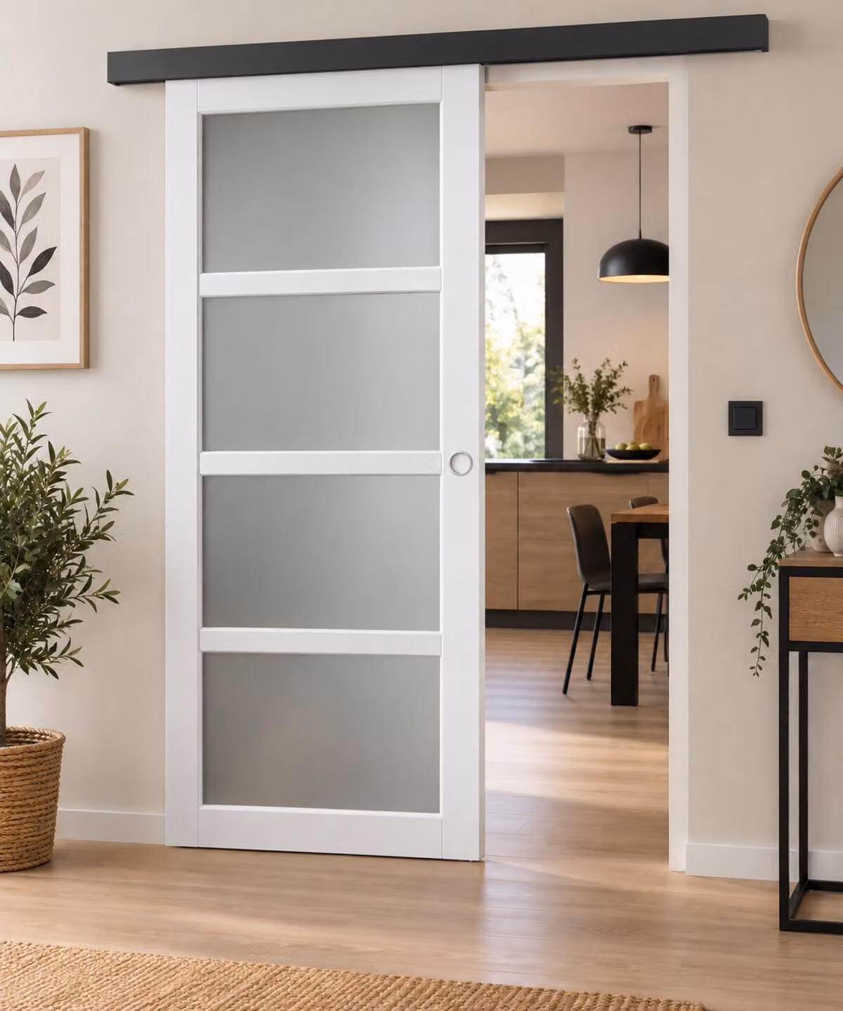Porta scorrevole Tana bianca con vetro H204 x L73 cm, binario in alluminio con banda nera, conchiglie bianche Gd Menuiseries