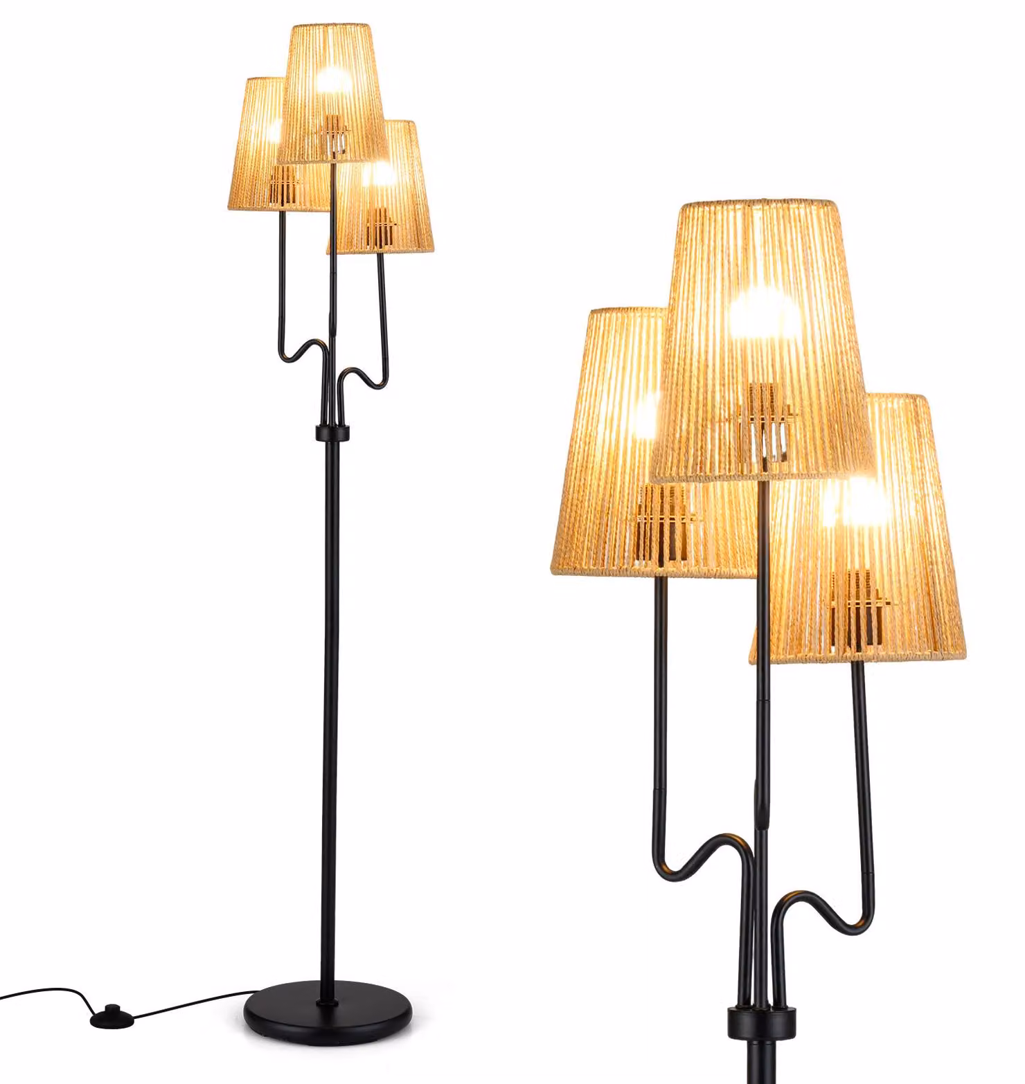 Lampada da terra COSTWAY 175 cm, lampada a 3 luci con base in metallo, paralume in intreccio di carta, 3 portalampade E27 e interruttore a pedale, lampada da lettura per il soggiorno